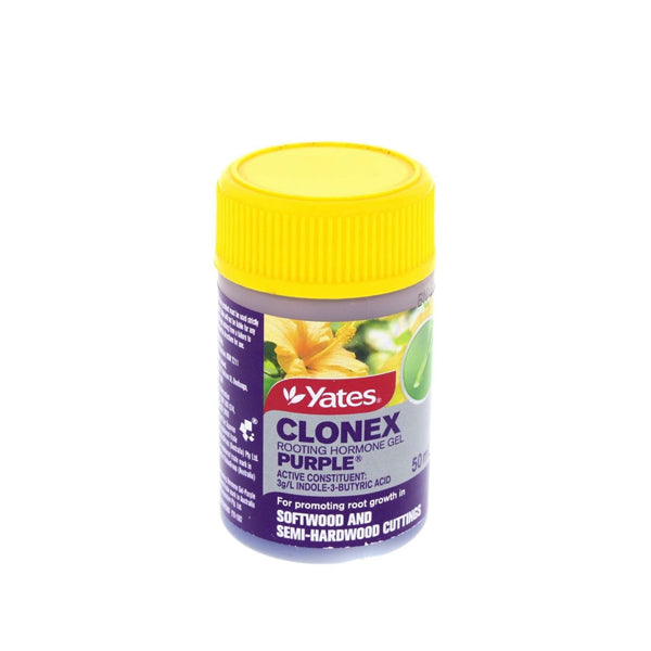 Jar of Yates Clonex Rooting Gel Purple with directions for use photographed on plain white background